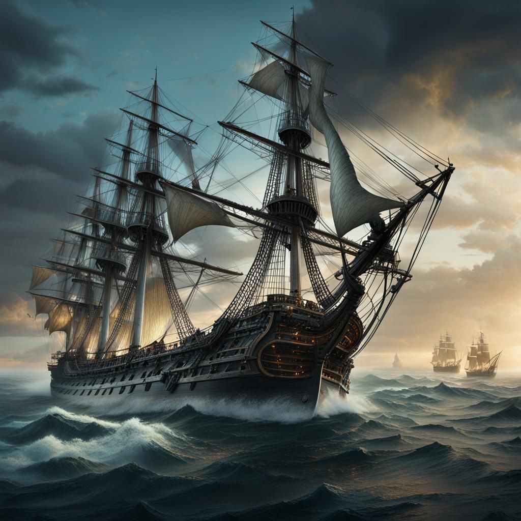 USS Constitution and Flying Dutchman: Detailed Matte Paintin...