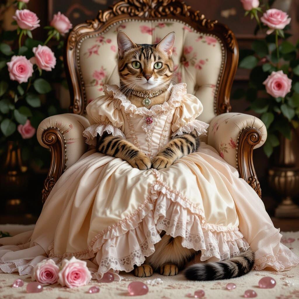 Bengal Cat Princess on Throne with Roses in Renaissance Styl...