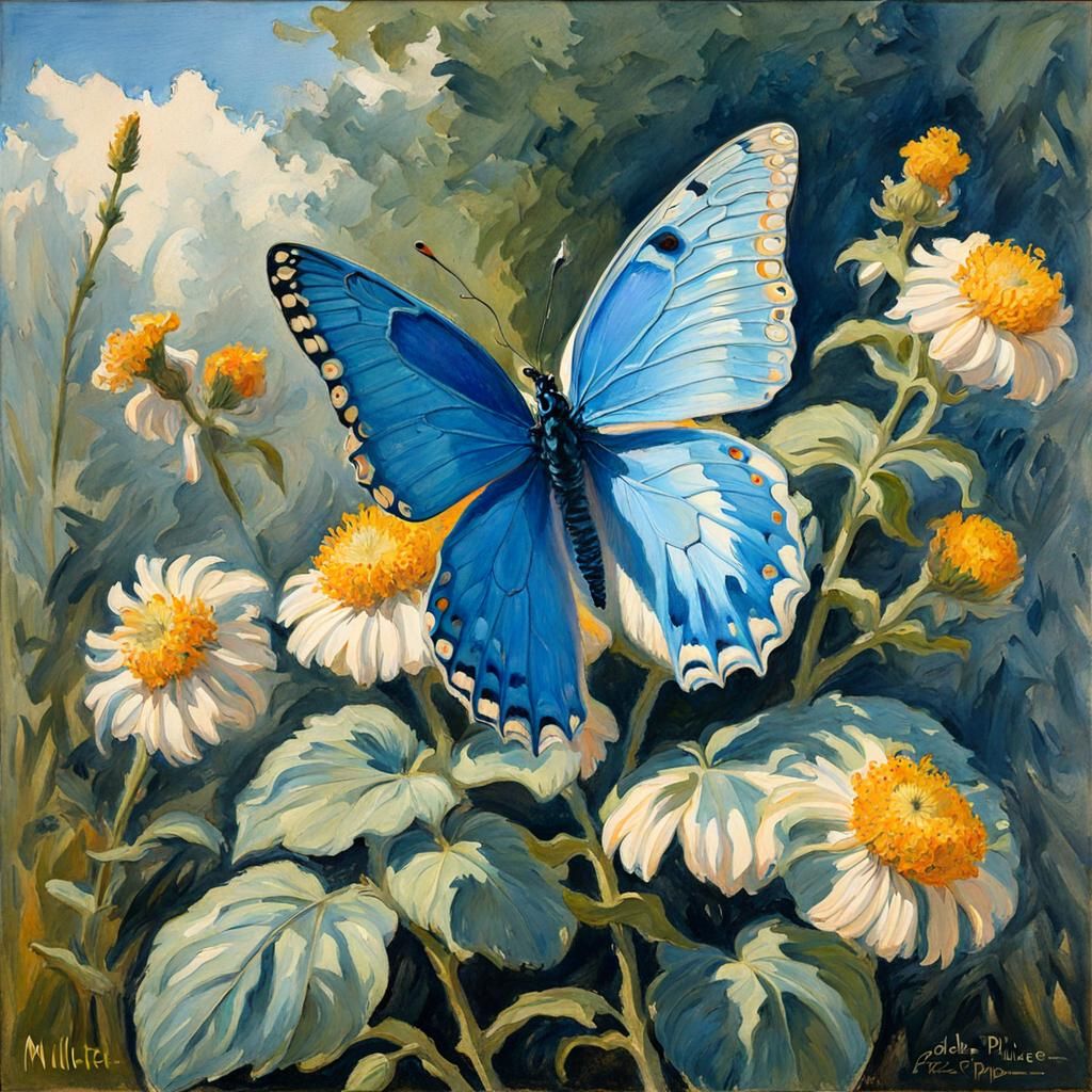 Blue Butterfly in Gouache Style Impressionist Painting