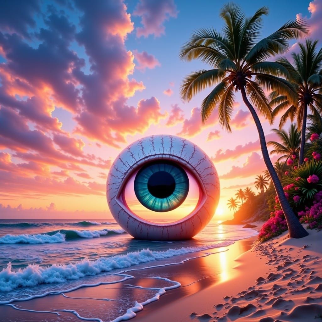 Giant Eyeball Emerges on Beach at Sunset