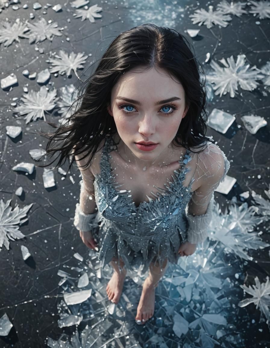 Black-Haired Girl on Ice: Hyperrealistic Full-Body Portrait