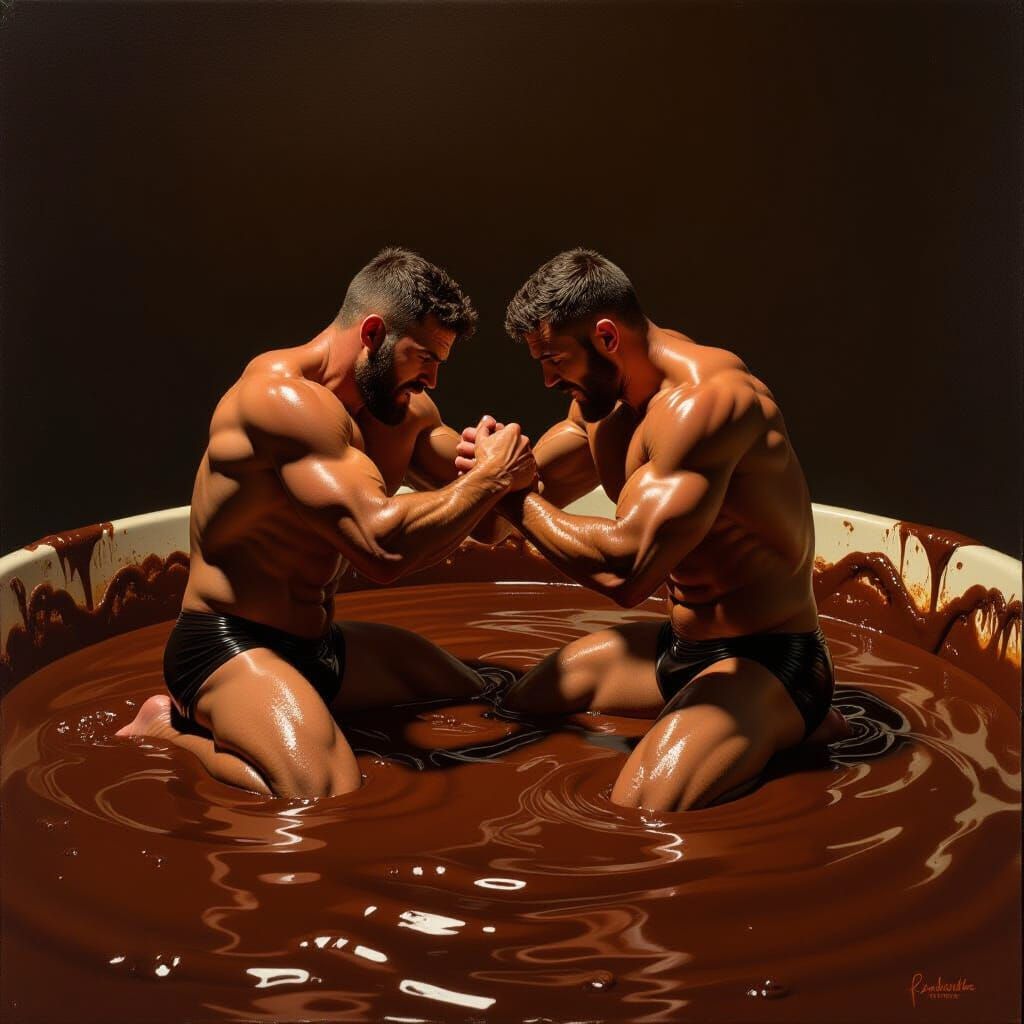 Chocolate Men Wrestling in Pudding, Oil Painting Style
