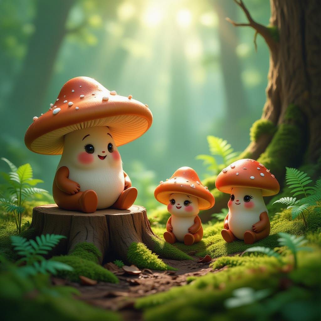 Whimsical Mushroom Family in Sunlit Forest Glade