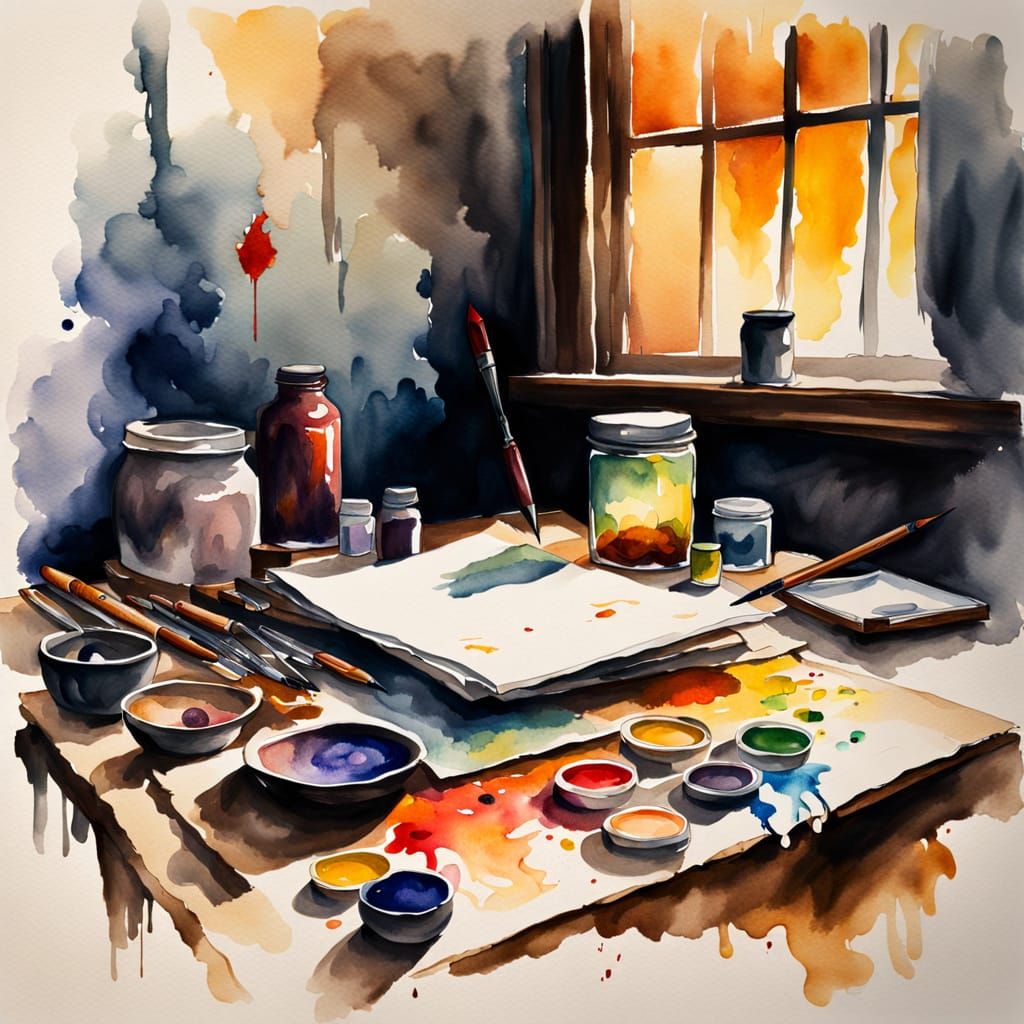Melancholic Artist's Desk in Hyper-Real Watercolor