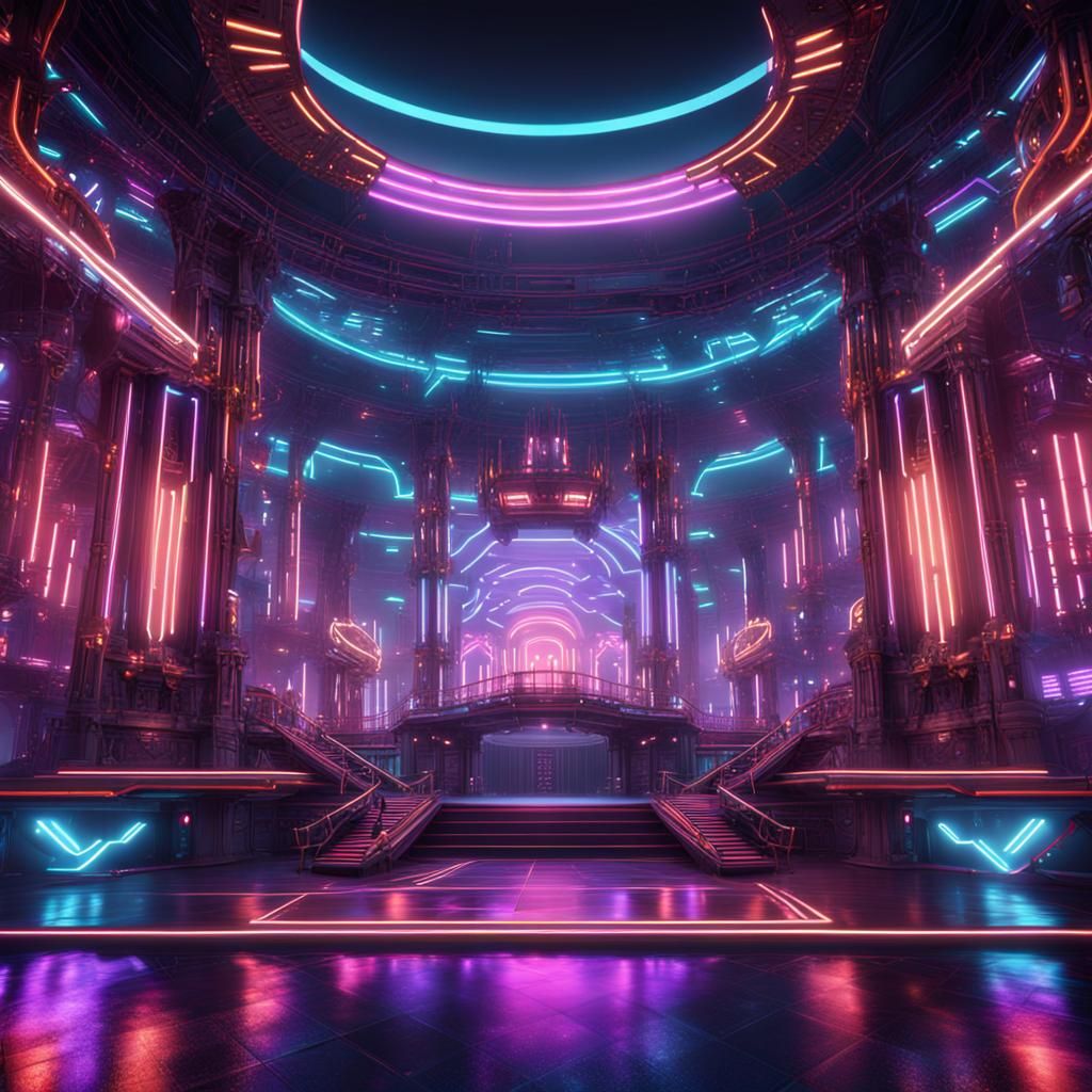 Futuristic Neon and Metal Stage in Detailed Matte Painting