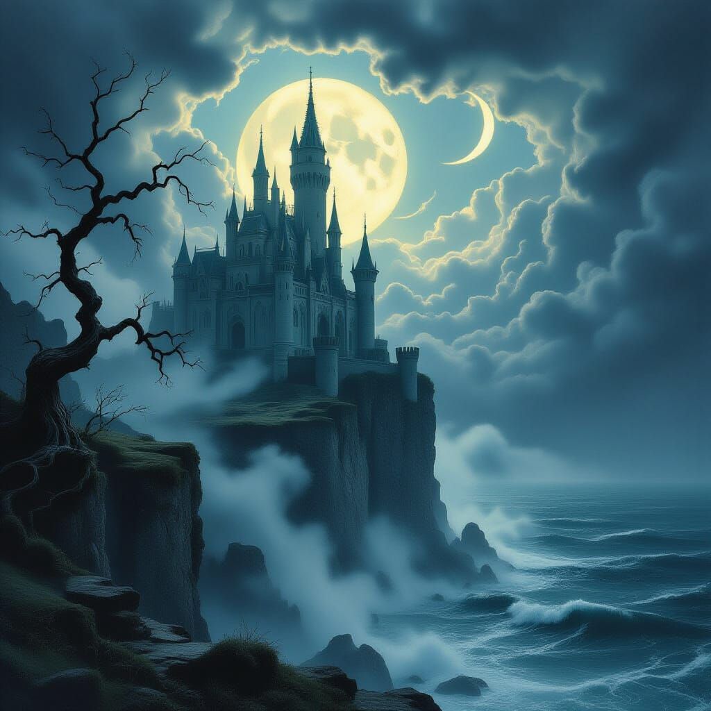 Gothic Fantasy Castle on Misty Cliff Overlooking Dark Sea