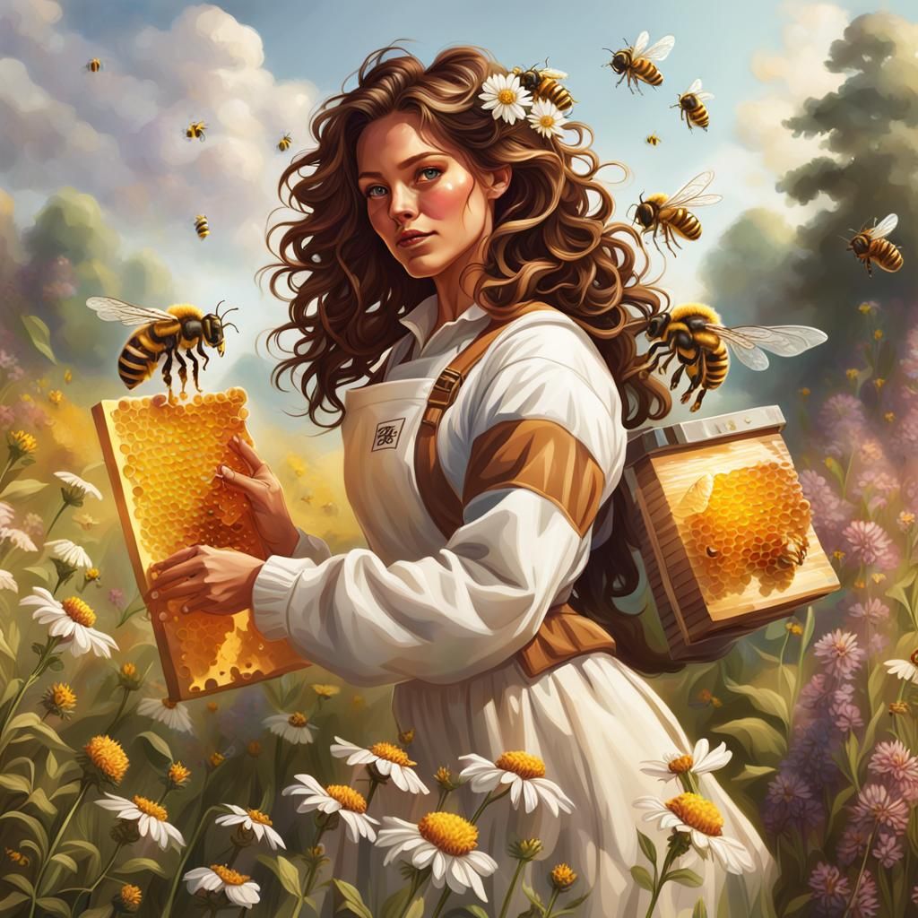 Beekeeper Harvesting Honey in Flower Meadow: Hyperrealistic ...