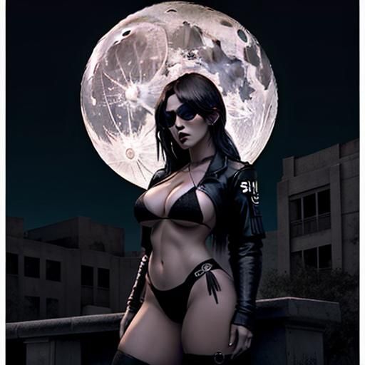 Dystopian Figure Under Full Moon in Psychedelic Style