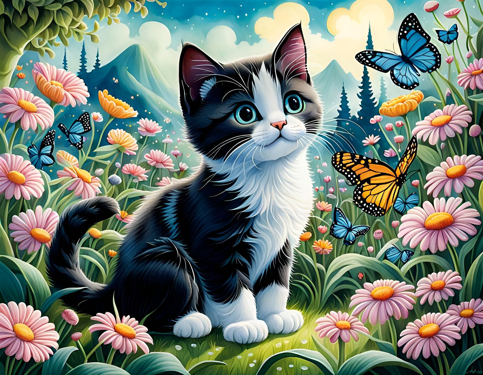Kitten and Butterflies in Whimsical Garden Art