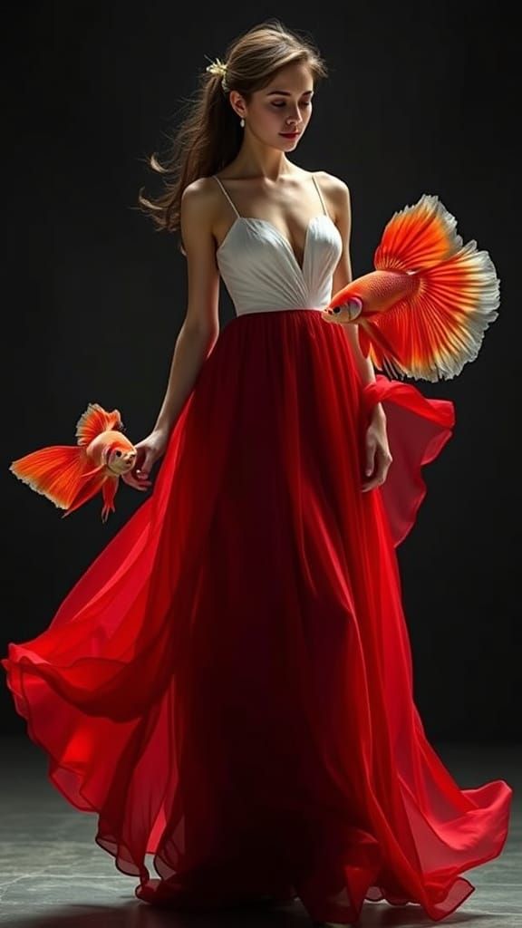 Romantic Betta Fish-Inspired Scene with Red Flowy Dress