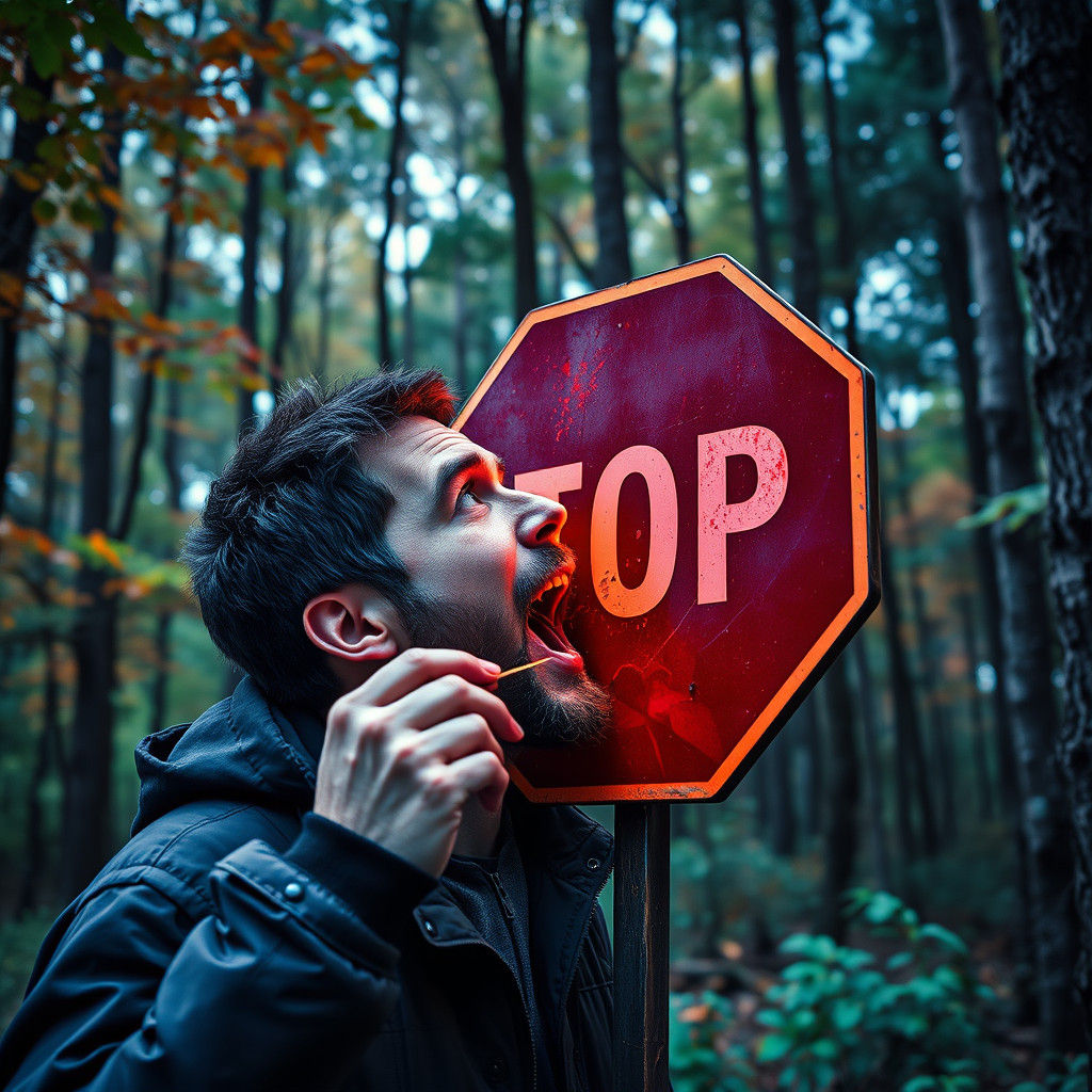 Surreal Man Eats STOP Sign in Forest