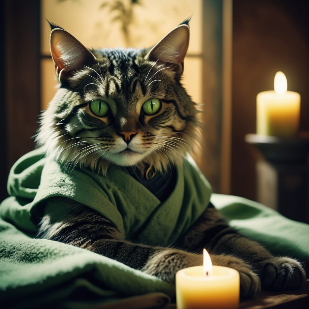 "A charming anthropomorphic cat with sleek olive-green fur, working as a professional masseur. The cat has striking oliv...
