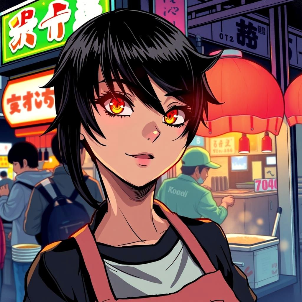 Tokyo Street Food Worker in Neon Style