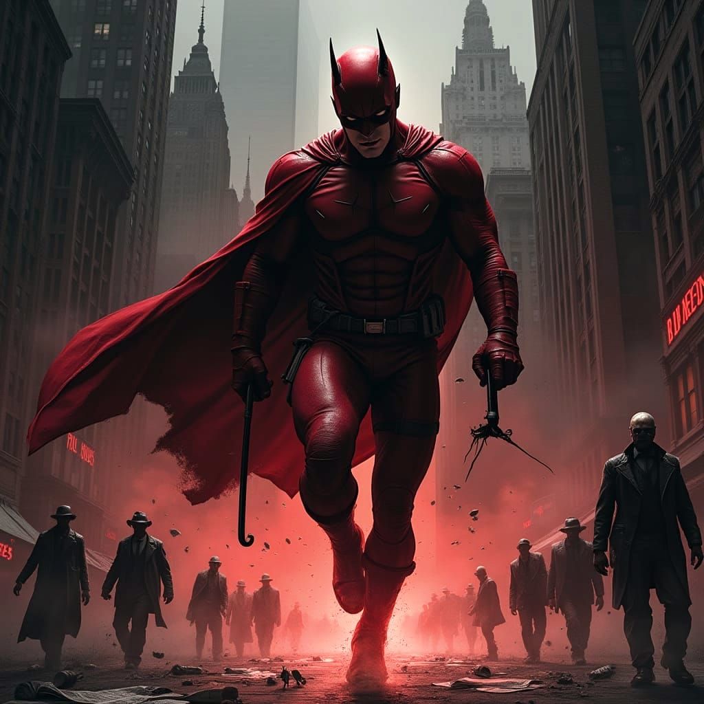 Gritty Noir Cityscape with Daredevil in Action