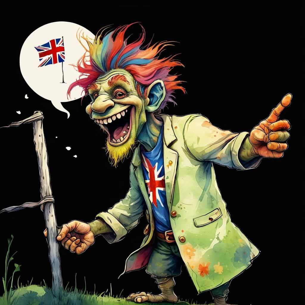Colorful Troll Waving English Flag in Watercolor Style
