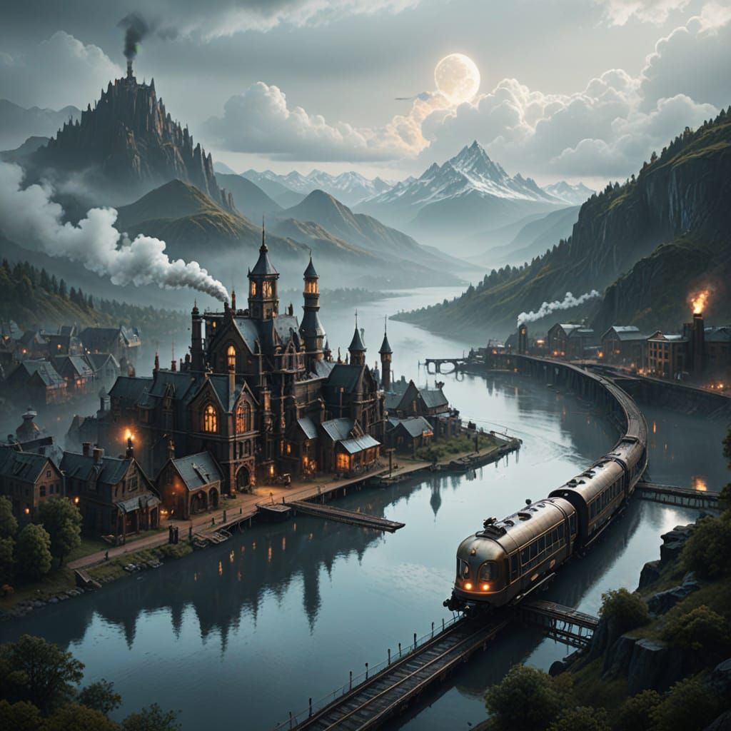 Steampunk Cityscape with Golden Lighting and Monorail