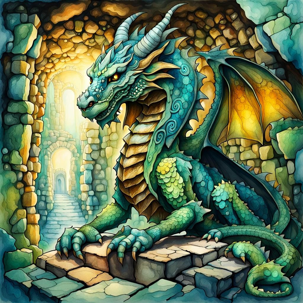 Dragon Guarding Mayan Catacombs in Cel-Shaded Style