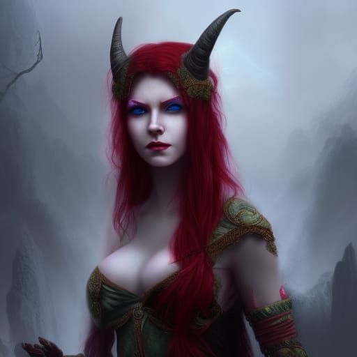 Tiefling Woman with Red Hair: Digital Matte Painting
