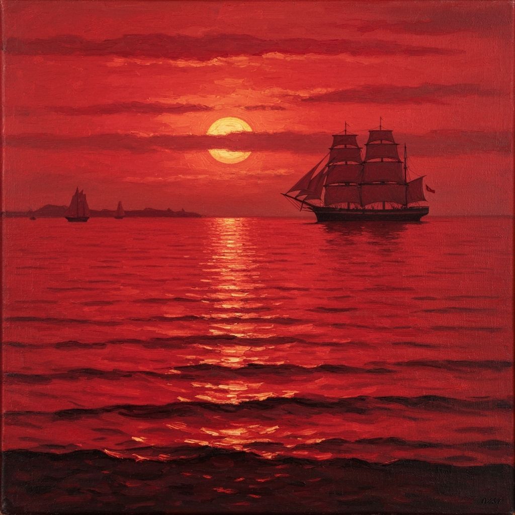 Crimson Sunset Seascape With Clipper Ship In Impressionist S...