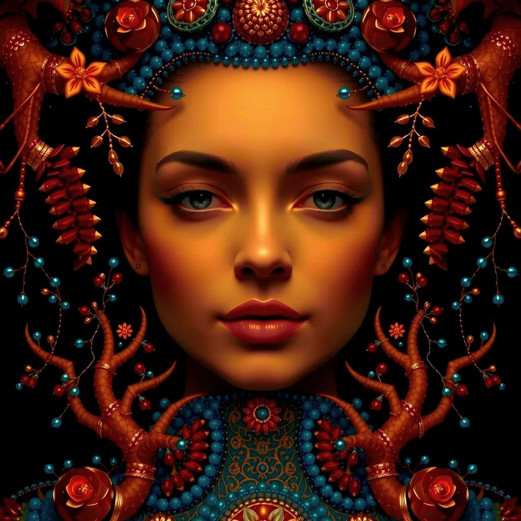 Ornate Beaded Waterfall Artwork in Luxurious Embroidery Styl...