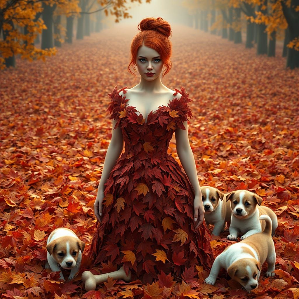 Red Haired Woman in Maple Leaf Dress with Puppies