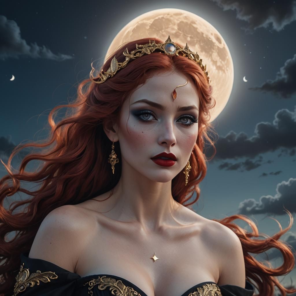 Goddess with Red Hair and Moonlit Sky
