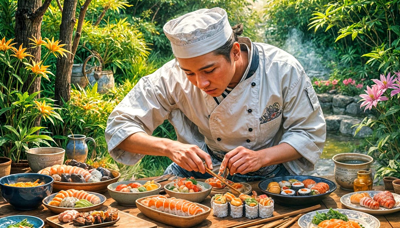 Japanese Chef: Hyperdetailed Impressionist Painting in Gouac...