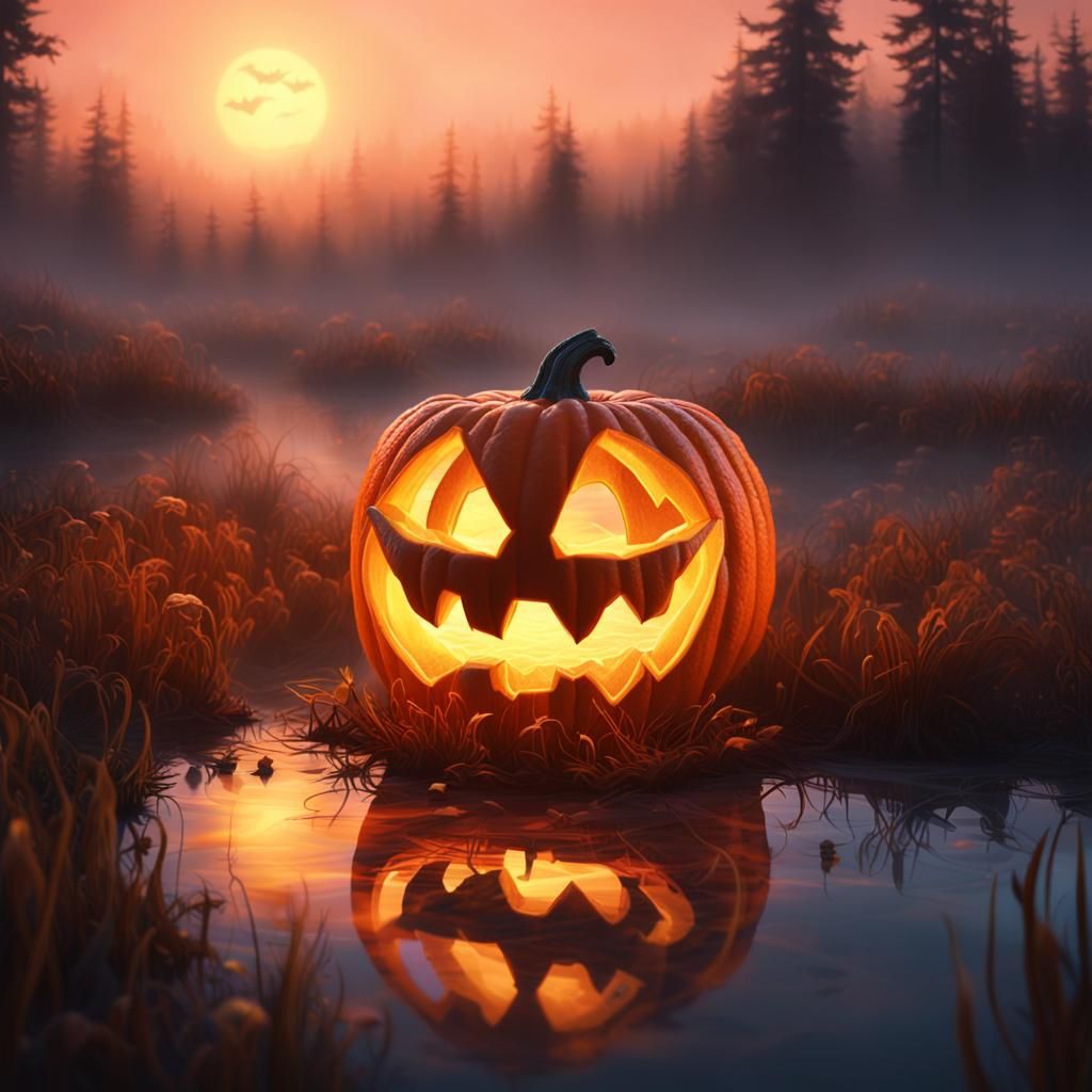 Astral Jack-O-Lantern Floats Above Misty Bog