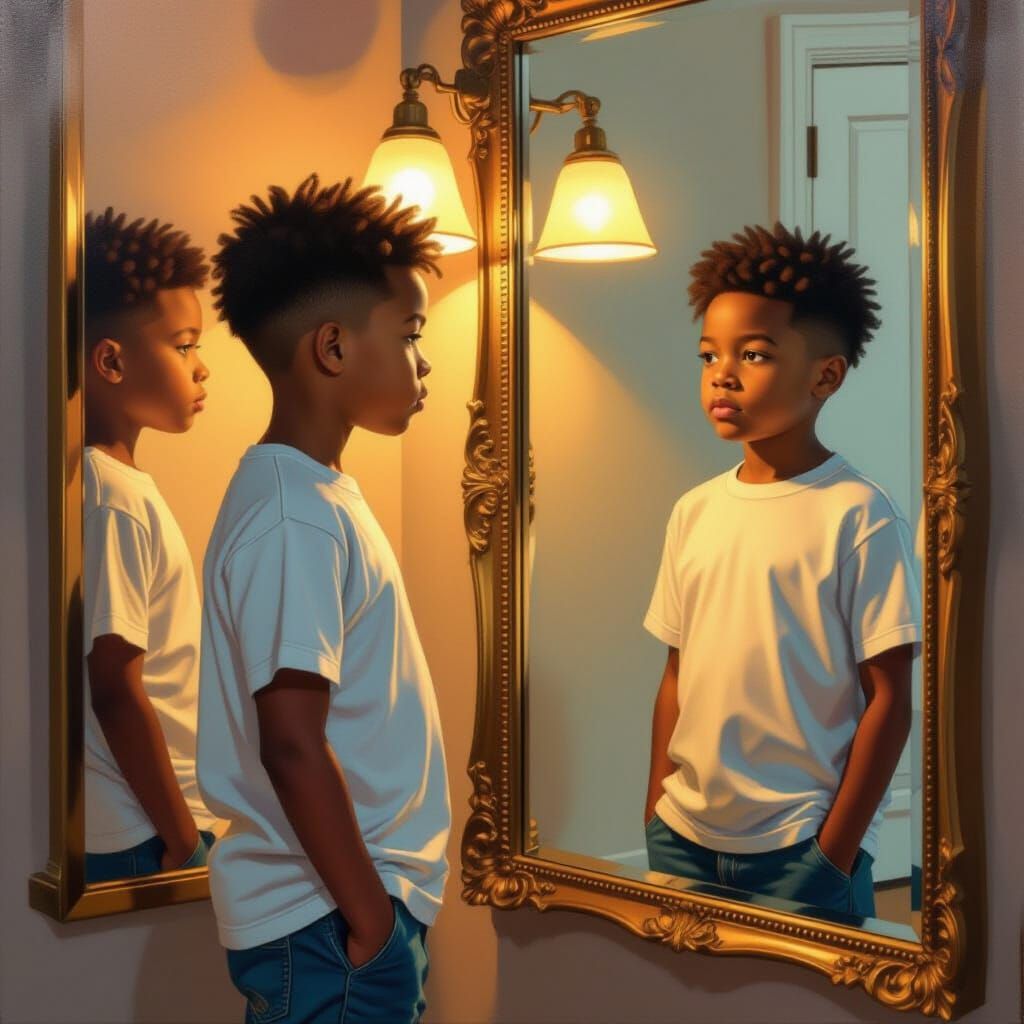 Vibrant Portrait of Boy Reflected in Mirror