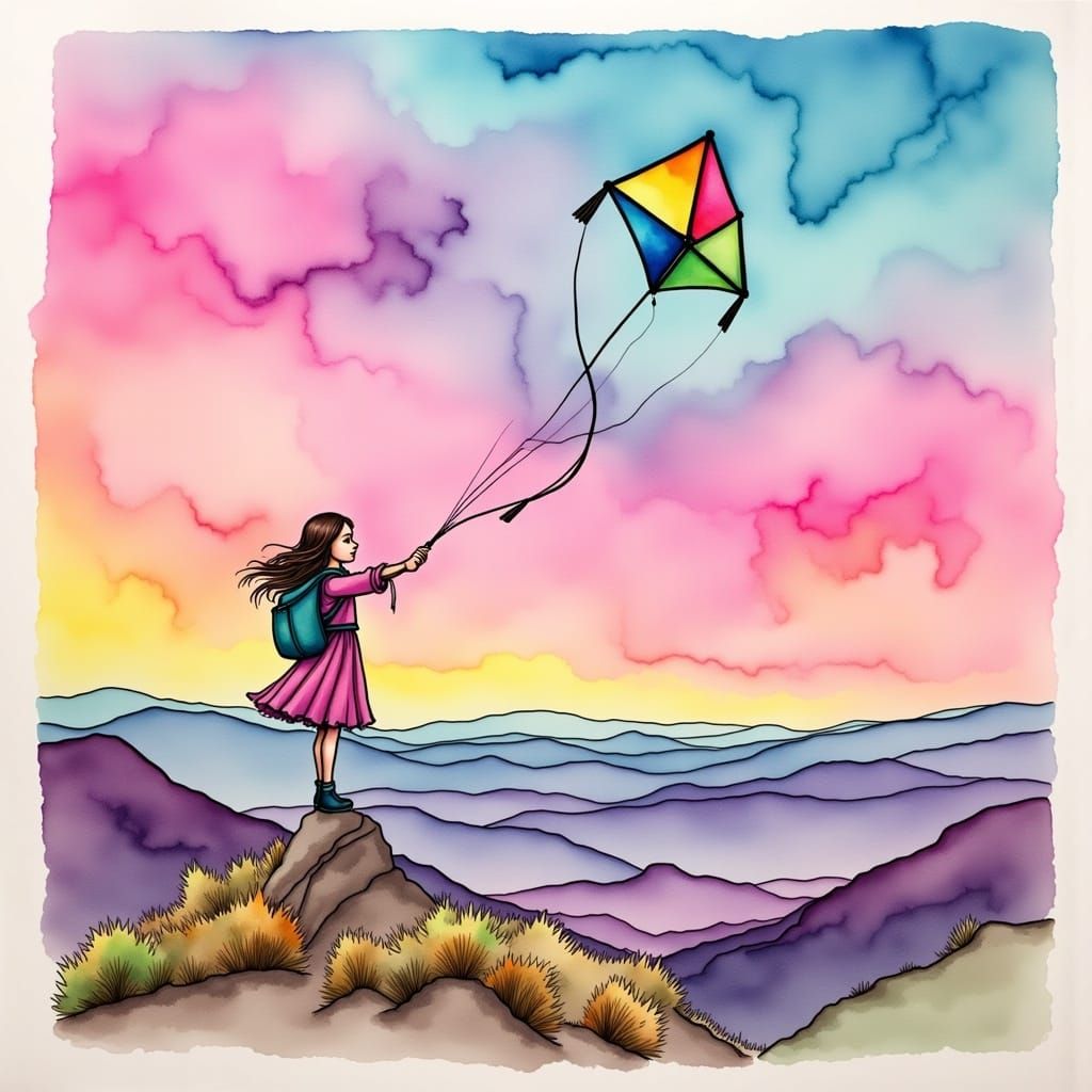 Girl Flies Kite Atop Mountain with Bold Colors