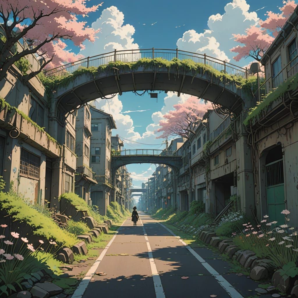 Anime Spring Landscape: Nature Reclaims Ruins