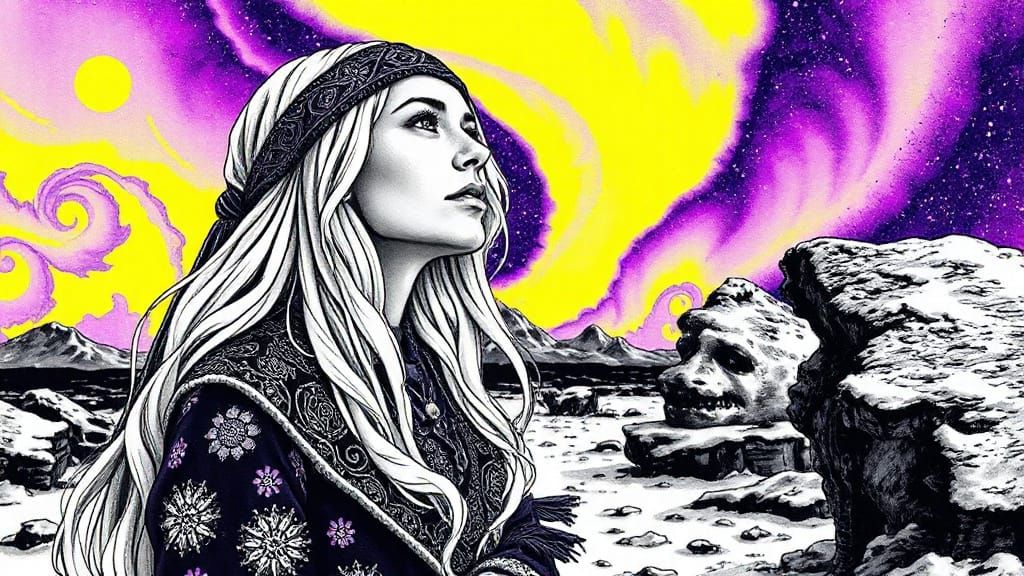 Sami Woman Witnessing Aurora in Ink Drawing Style