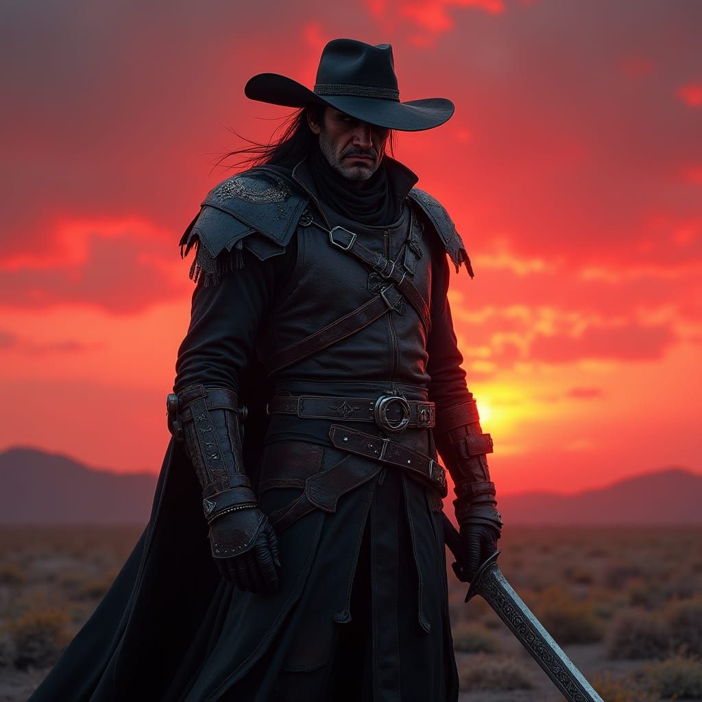Vampire Hunter Stands Vigilant Against Crimson Sunset