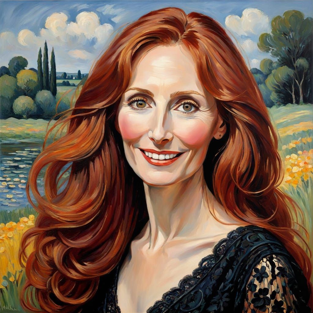 Monet Inspired Portrait Of Smiling Woman With Red Hair