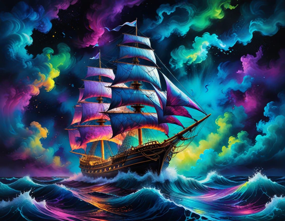 Majestic Ship Navigates Turbulent Waters: Blacklight Art