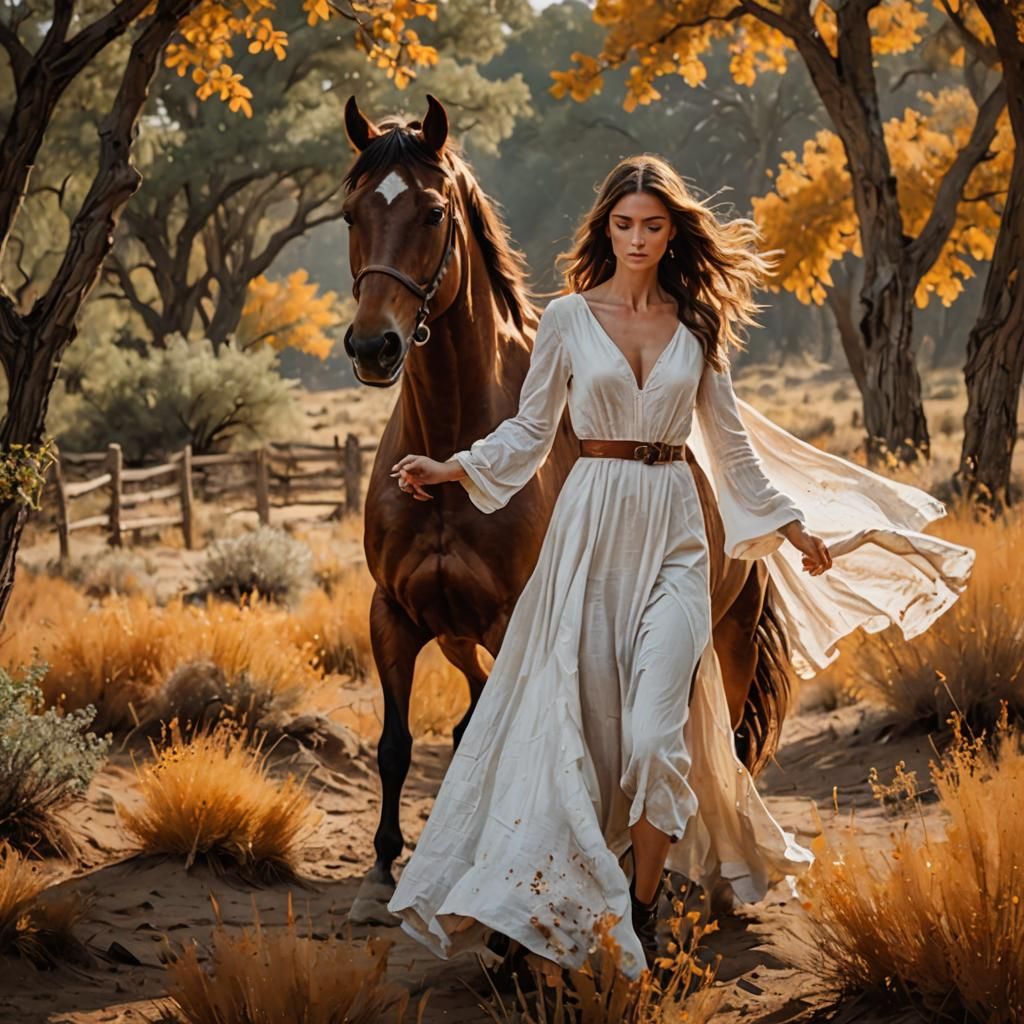 Woman and Horse at Sunset: Palette Knife Painting