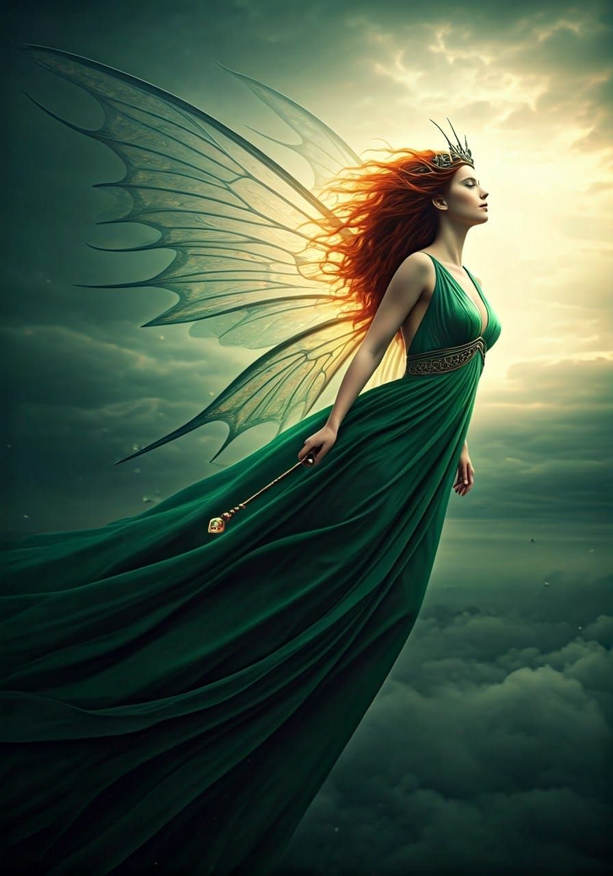 Celtic Fairy Queen Maeve Soaring Over Ireland