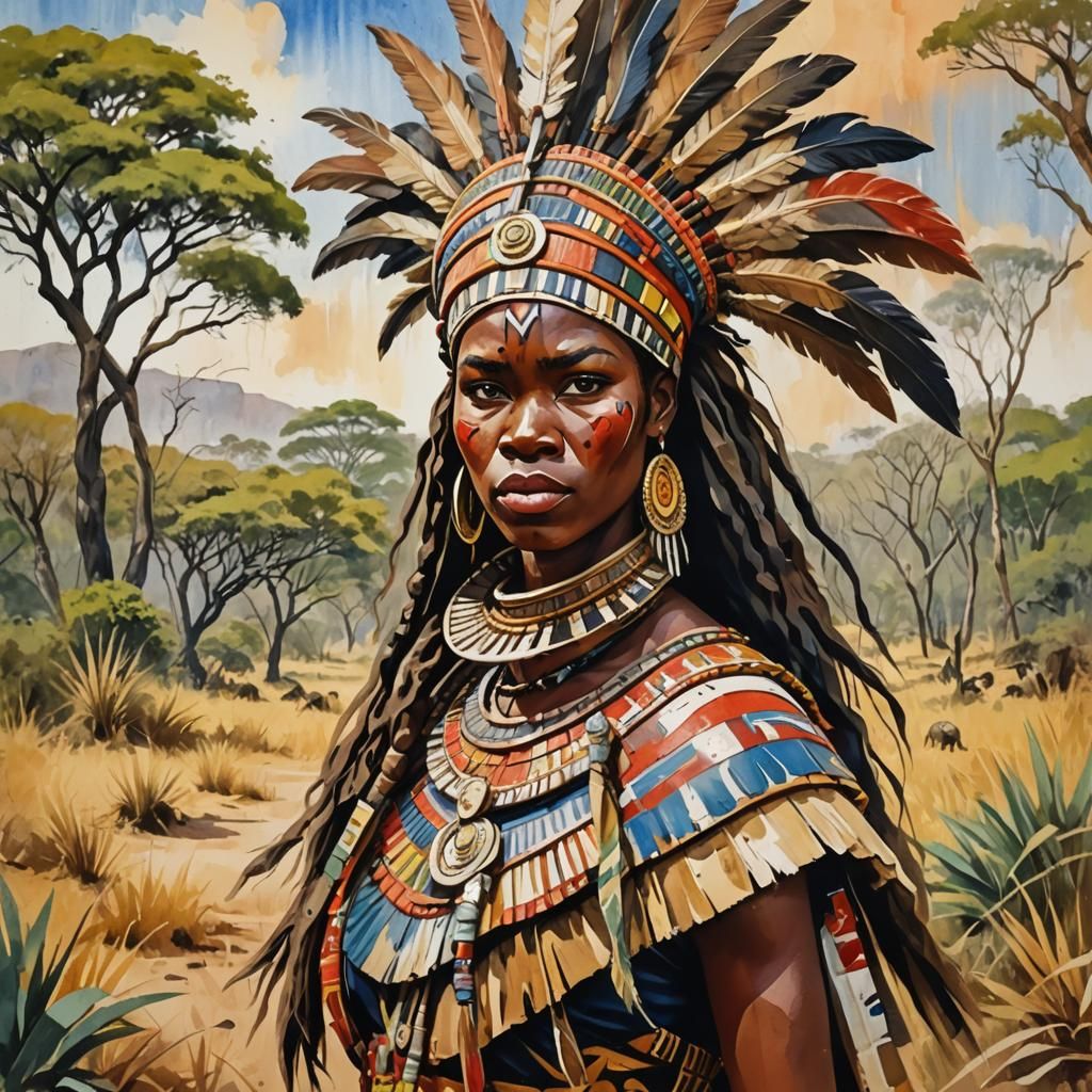 Zulu Warrior Woman in Gouache Style