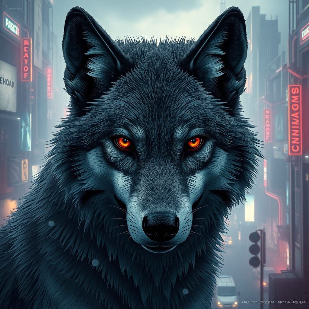 Wolf Gazing into a Futuristic Cityscape
