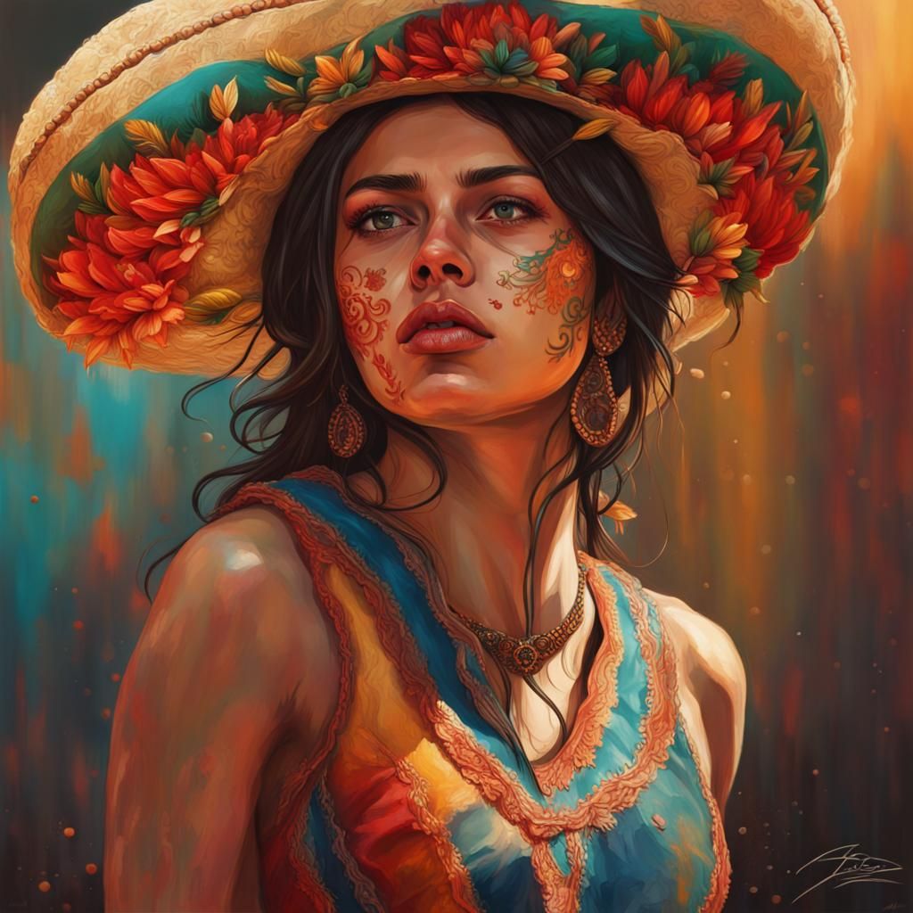 Hyperrealistic Mexican Portrait with Splash Art Background
