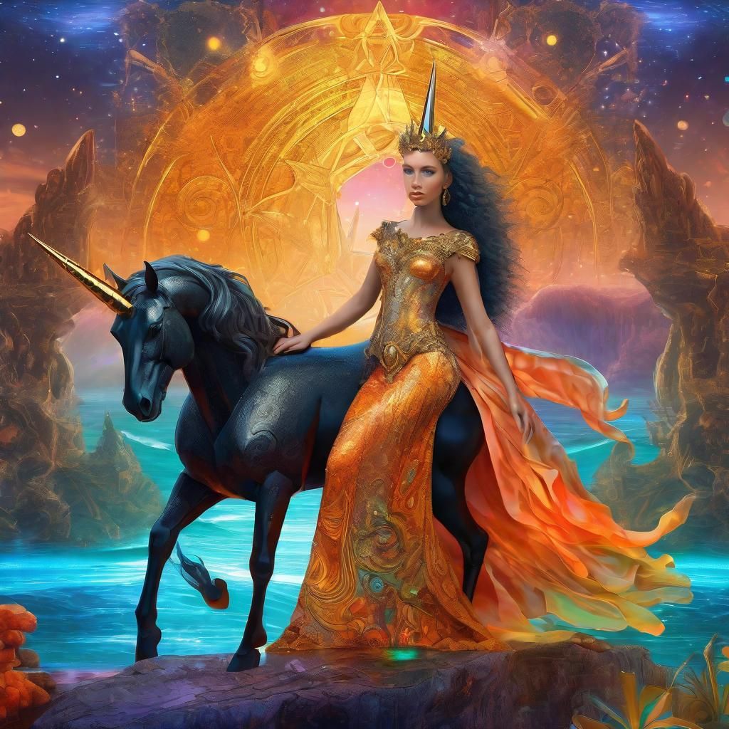 A princess and her black unicorn adorned with gold and precious stones in the mythical land of Atlantis 8k resolution ho...