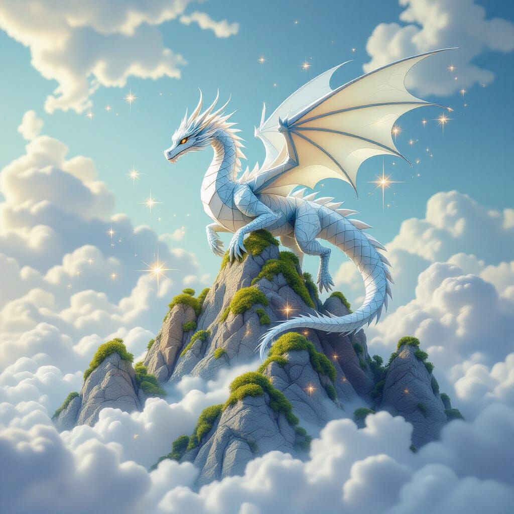 Glassy Origami Dragon Soars Amongst Spongy Storm Clouds