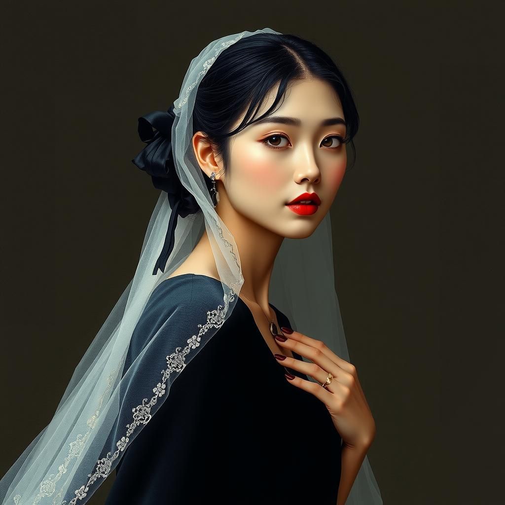 Gothic Portrait of Woman in Veil, Photorealistic Painting