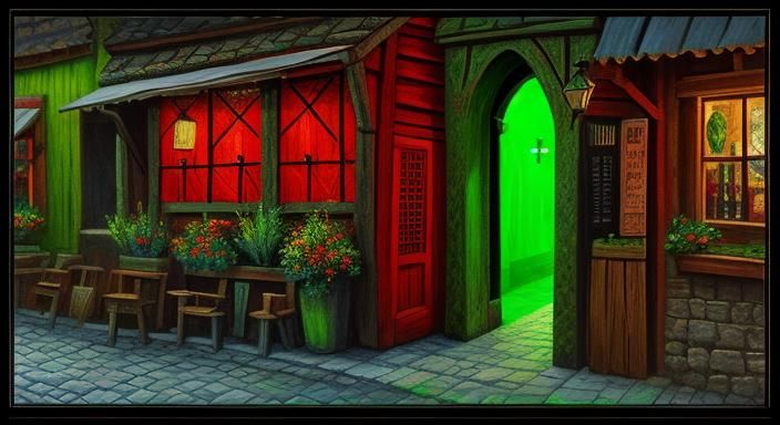 Medieval Village in Neon Oil Print Style