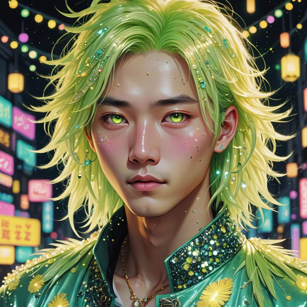 Kawaii Chinese Man with Neon Accents