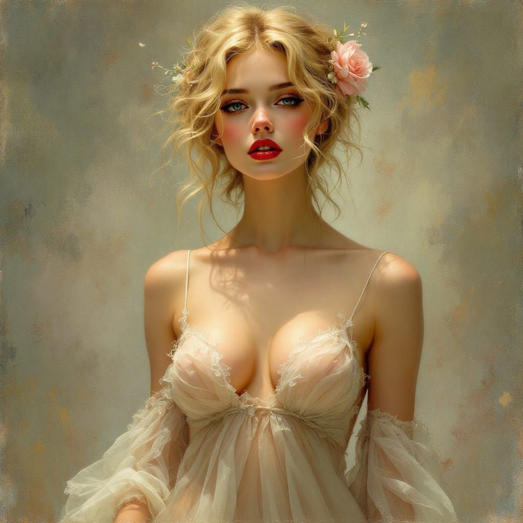 Blond Pin-Up Woman in Gauze Dress, Soft Atmospheric Style