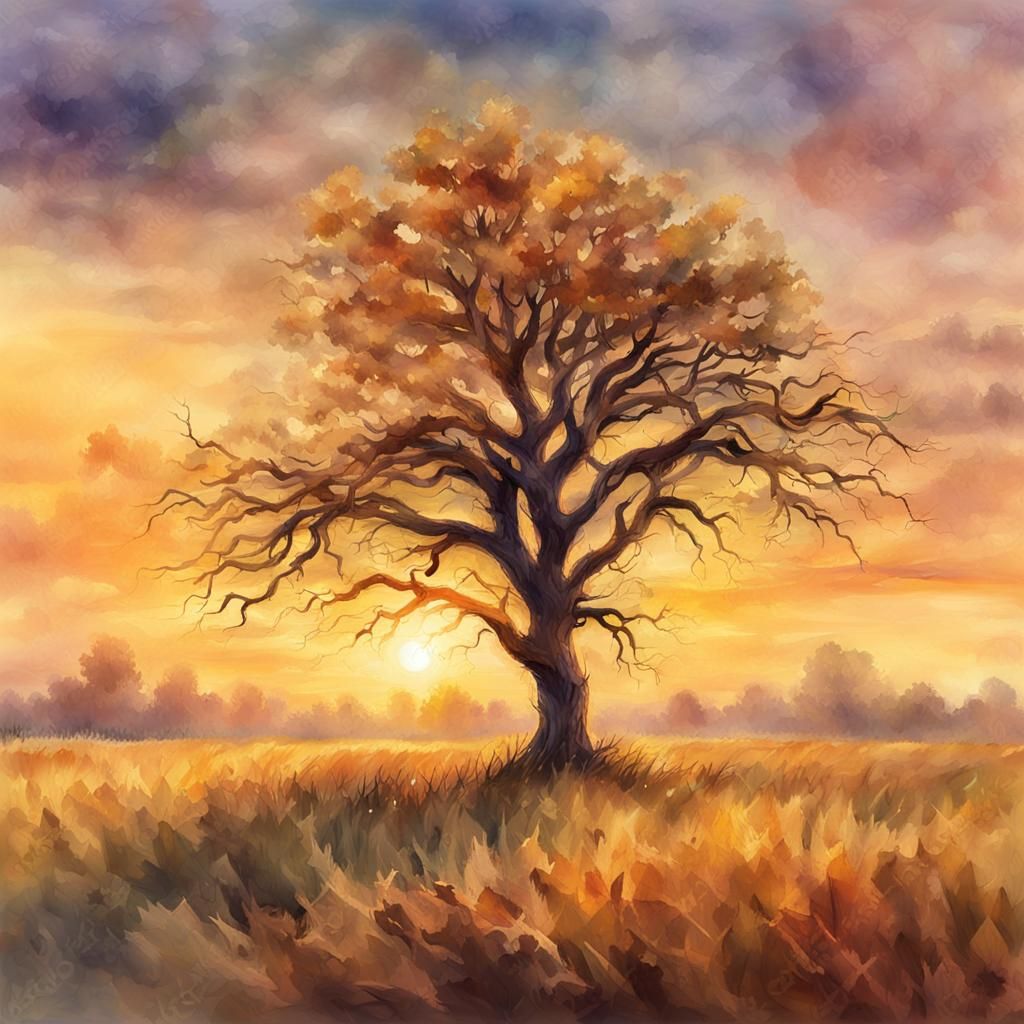 Impressionist Sunset: Lone Tree in Watercolor Style