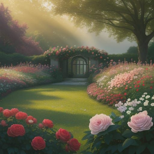 Blossoming Garden Veiled in Golden Fog