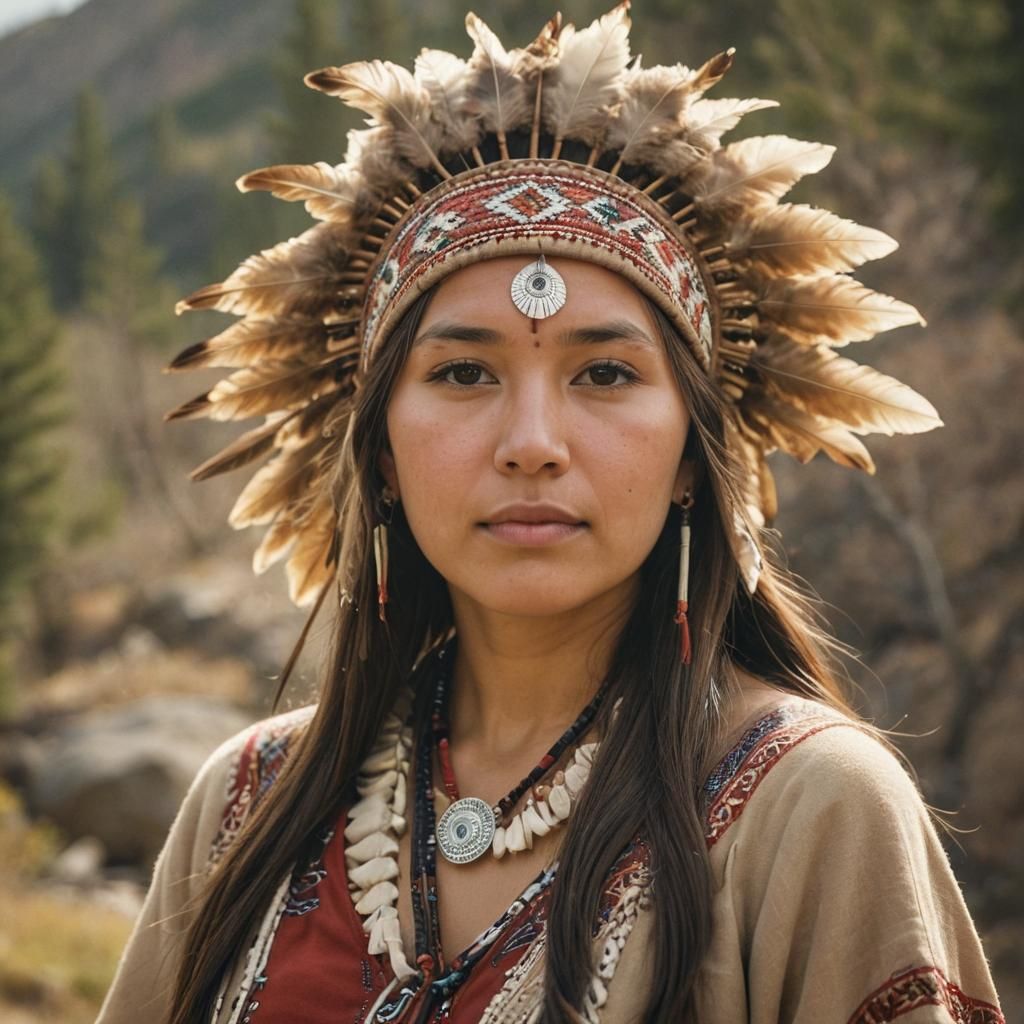 Native American Woman Portrait in Mountain Landscape