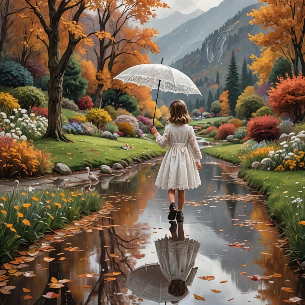Rainy Garden Scene with Girl in Splash Art Style